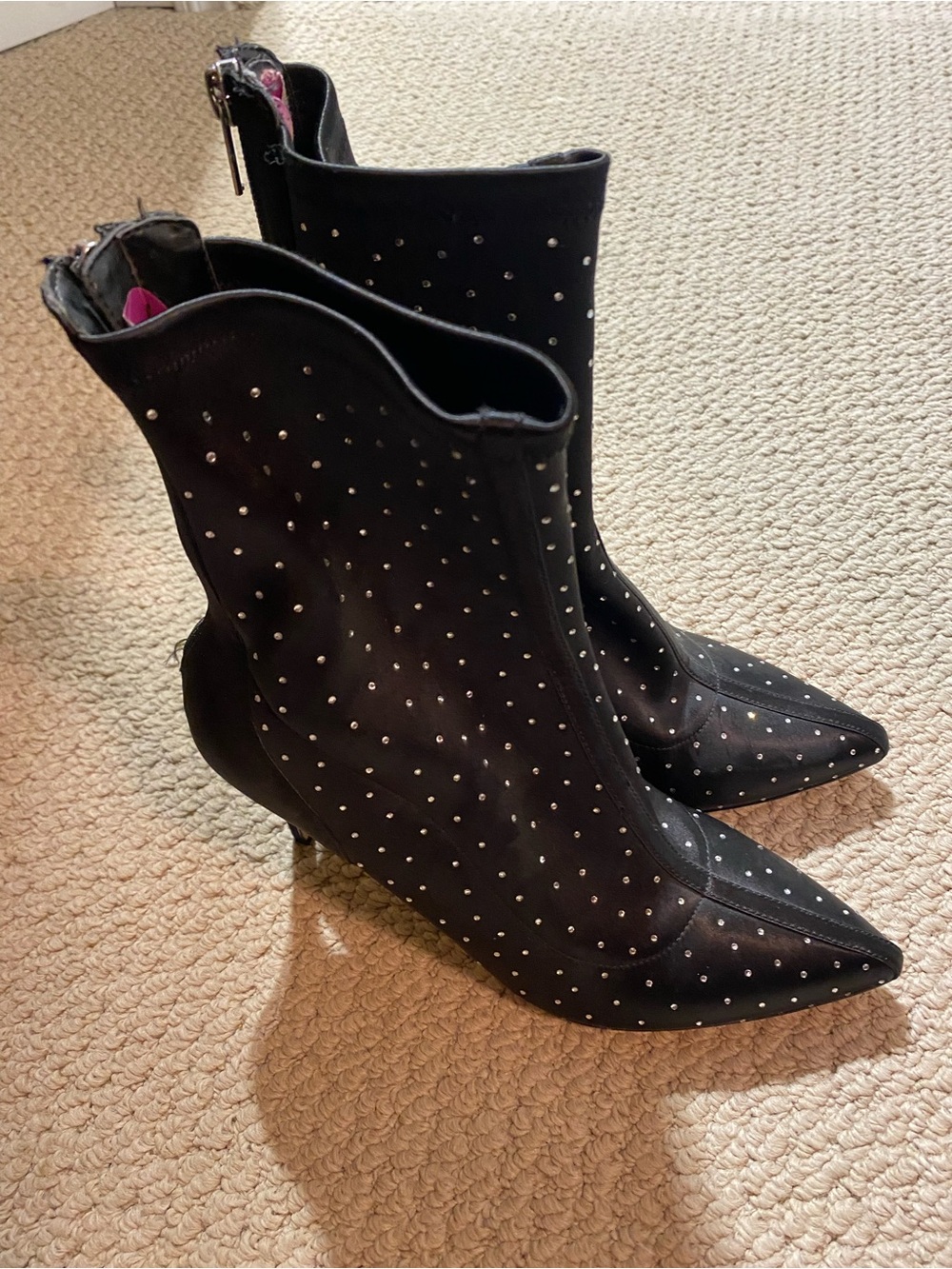 Jewel Badgley Mischka Black Studded Pointed-Toe Mid-Calf Boots